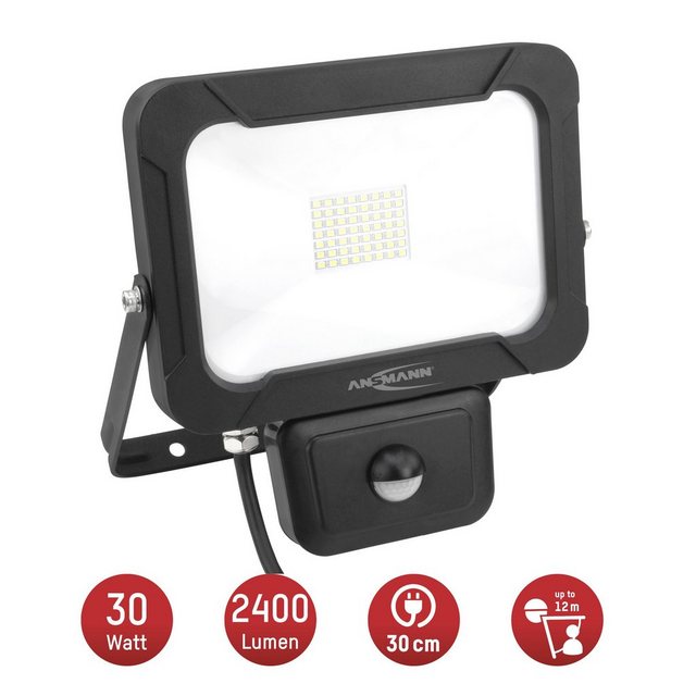 Bild von ANSMANN Wandstrahler mit Bewegungsmelder LED 30W – Strahler IP54 wetterfest & Temperaturbeständig mit dreiadriger Anschlussleitung 30cm, Außenleuchte 5000K Tageslichtweiß universell einsetzbar