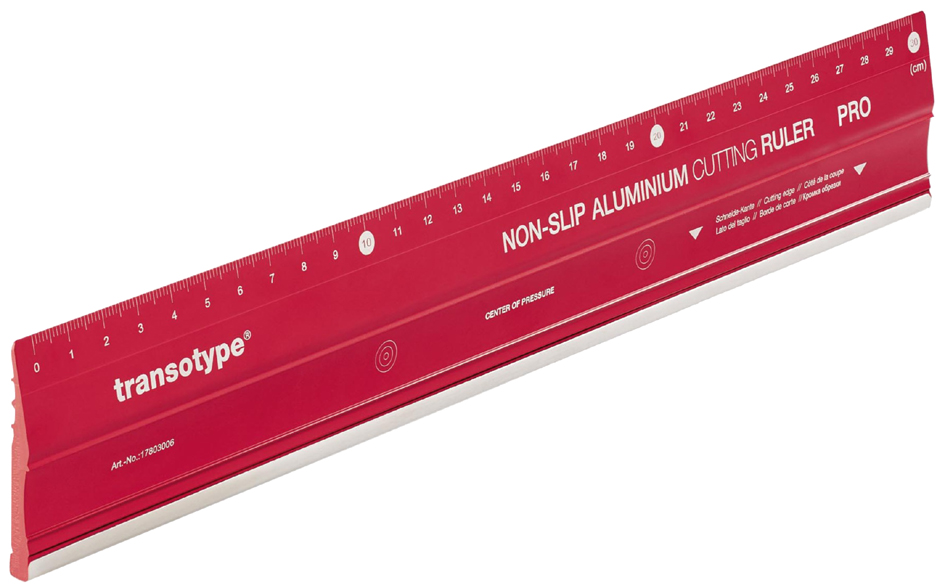 Bild von transotype Schneidelineal PRO, 30 cm lang, Lineal aus Aluminium in knalligem Rot, rutschfest, robust, mit Stahl-Schneidekante und extra breitem 50 mm Aluminium-Profil