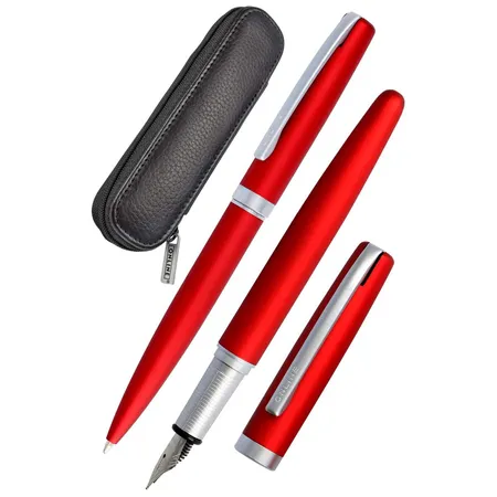 Bild von Online Schreib-Set Eleganza I enthält Kugelschreiber, Füller, Echt-Lederetui I Farbe Satin Red I 3-teilig I in hochwertiger Geschenkbox I Füller für Standardpatronen