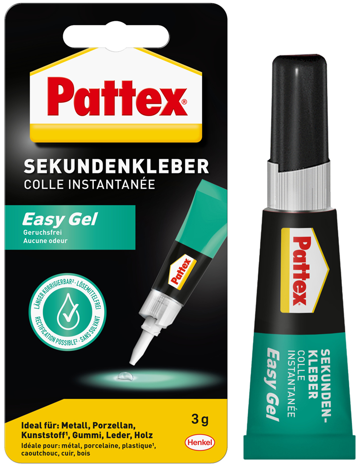 Bild von Pattex Sekundenkleber Easy Gel, für Sofortreperaturen im Innen- und Außenbereich, korrigierbar und Gelförmig, 1x3g