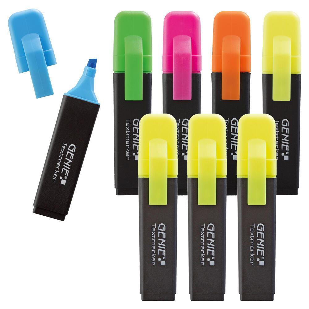 Bild von Genie 40022 Textmarker je 1 x Neon gelb; orange; Pink; Blau; Grün; mit Keilspitze; 5 er Pack Strichbreite ca. 1 - 5 mm; einzeln Entnehmbar