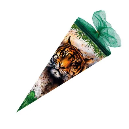 Bild von Nestler Schultüte Tiger, 22 cm, rund, mit grünem Tüllverschluss, für Geschwister