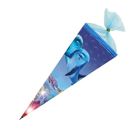 Bild von Nestler Schultüte Delfinwelten, 22 cm, rund, mit blauem Tüllverschluss, Zuckertüte für Geschwister
