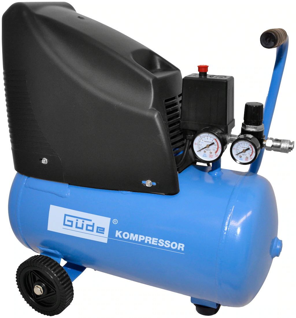 Bild von Güde 50111 Kompressor 220/08/24 ölfrei (max. Druck 8 bar, Kessel 24 l, 1100 W, Ansaugleistung 140 l/min, Druckminderer, Manometer, Kondensatablassschraube, Druckluftkupplung, mobil mit Transportgriff)