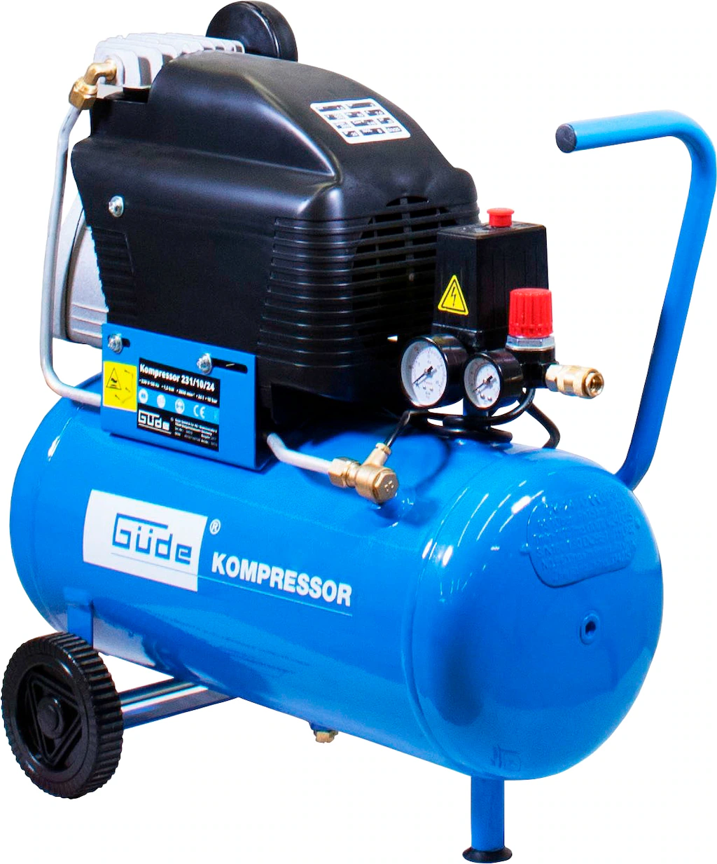 Bild von Güde Kompressor 231/10/24 (ölgeschmiert, max. 10 bar, 1500 W, Kessel 24 l, Ansaugleistung 206 l/min, Druckminderer, 2x Manometer, Sicherheitsventil, Kondensatablassschraube, Luftfilter, mobil)