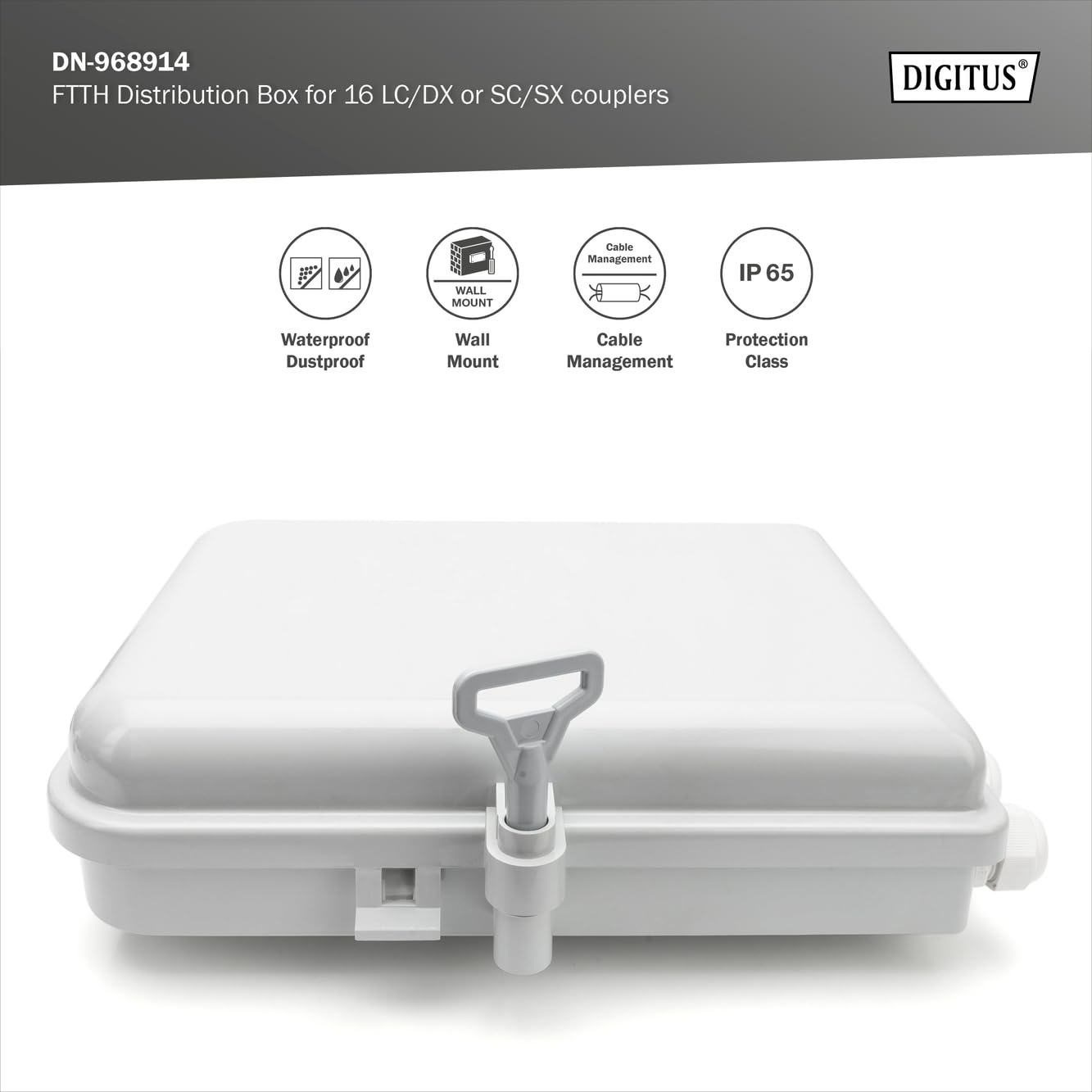 Bild von DIGITUS Outdoor FTTH Distributions Box - 16x LC/Duplex oder 16x SC/Simplex - IP65 Schutzklasse - Glasfaser Spleißkasette - Grau