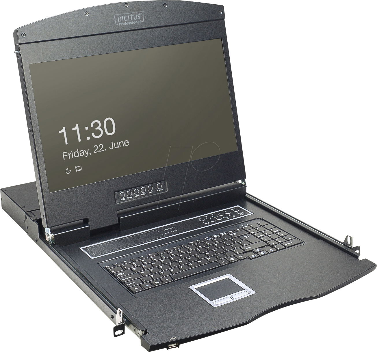 Bild von Digitus Modulare Konsole mit 19" TFT (48,3cm), 16-Port CAT 5 KVM & Touchpad, US Tastatur, KVM Switch, Schwarz