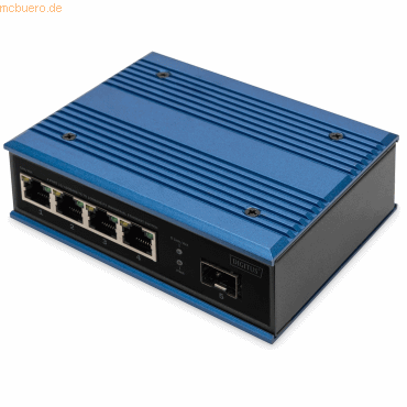 Bild von DIGITUS Netzwerk-Switch - 5-Port Fast Ethernet - 4X RJ45 + 1x SFP-Port - Unmanaged - 10/100 Mbit/s - Hutschienen & Wandmontage - IP40 - Industrial Serie - Blau