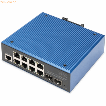 Bild von Digitus Industrial 8+2-Port L2 managed Gigabit Ethernet PoE Switch. Switch-Typ: Managed, Switch-Ebene: L2. Basic Switching RJ-45 Ethernet Ports-Typ: Gigabit Ethernet (10/100/1000), Anzahl der basisschaltenden RJ-45 Ethernet Ports: 8, Anzahl installierten SFP Module: 2. Vollduplex. MAC-Adressentabelle: 4000 Eintragungen, Routing-/Switching-Kapazität: 1 Gbit/s. Netzstandard: IEEE 802.3af. DC input Spannung: 48 - 57 V (DN-651157)