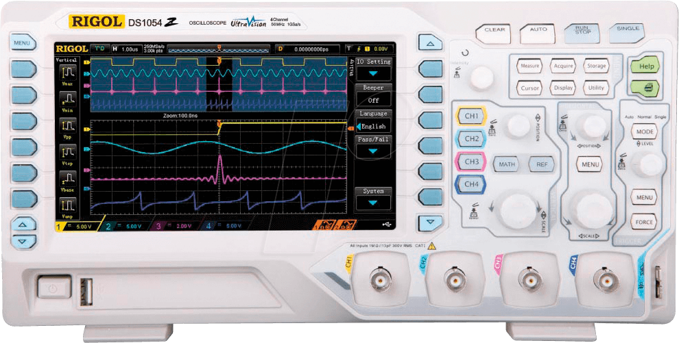 Bild von RIGOL DS1054Z Digitales Oszilloskop, 50MHz Bandbreite, 4 Analogkanäle, 24Mpts Speichertiefe, 1G Sa/s Abtastrate, freie Trigger- und Dekodierfunktion, 3 Jahre Garantie