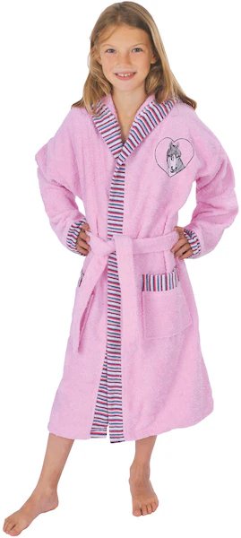 Bild von Wörner Kinderbademantel Pferd rosa, Langform, Baumwoll-Webfrottier, Kapuze, Gürtel, mit Stickerei