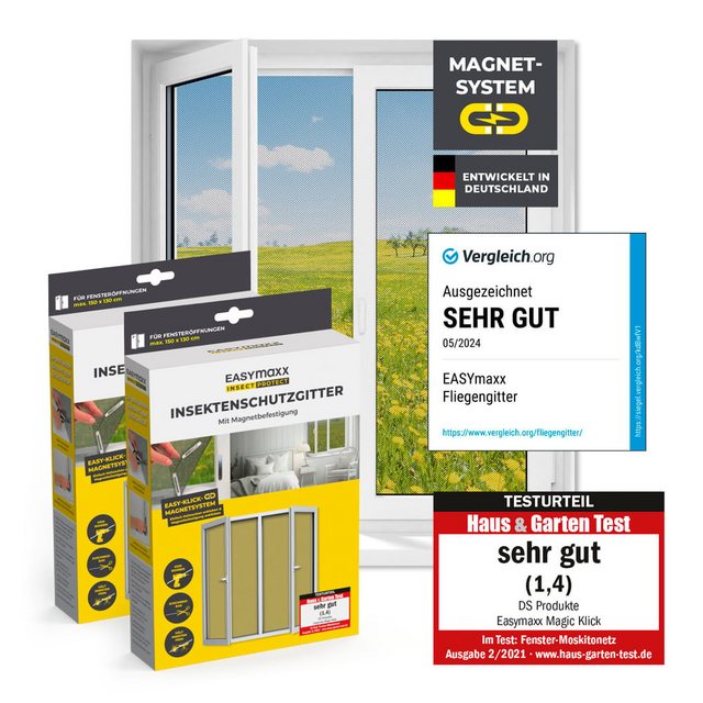 Bild von EASYmaxx Insektenschutz-Fensterrahmen Fliegengitter für Fenster mit Magic Click 150 x 130 cm, (2-St), Moskitonetz zuschneidbar, Einfache Montage mit 12 Magneten