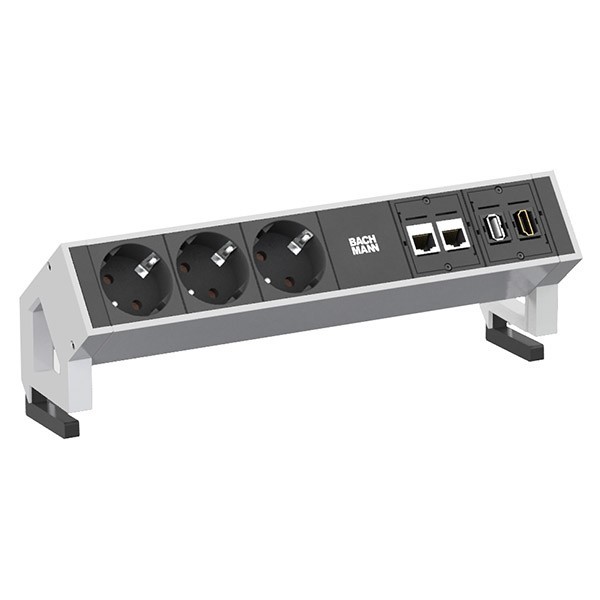 Bild von Bachmann DESK 2 Tischsteckdose 3-fach, Farbe: Weiß Aluminium, lackiert in Weiß, Steckdosen schwarz, DESK 2 Steckdosenleiste zur Montage auf der Tischplatte mit 3x Schutzkontakt-, 2x CAT6 Netzwerk-, 1x USB- und 1x HDMI-Anschluss, Inkl. Haltewinkel und Schrauben, Mit Wieland Zuleitung 1,5 m mit Schutzkontaktstecker (902.302)