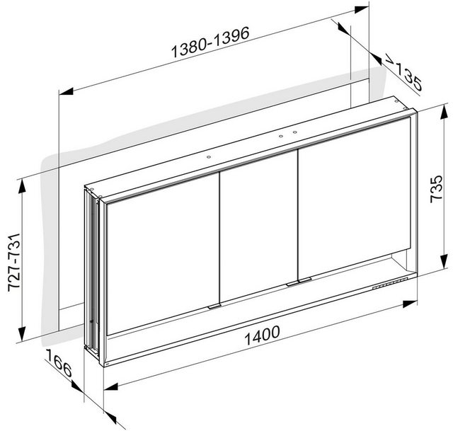 Bild von KEUCO Royal Lumos LED Spiegelschrank mit 2 Türen und offenem Fach, 140 cm, Made in Germany, Einbau, Aluminium-Korpus, Seiten verspiegelt, Beleuchtung dimmbar, Lichtfarbe einstellbar