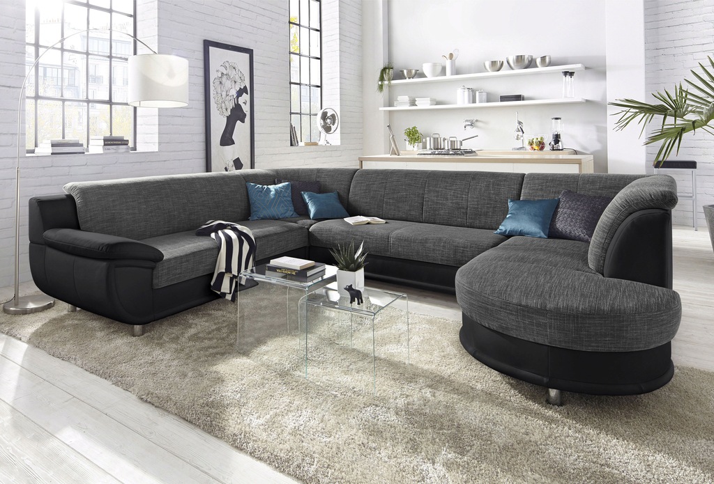 Bild von TRENDMANUFAKTUR Wohnlandschaft "Rondo 3, zeitlos und modern, im Materialmix, U-Form", wahlweise für mehr Komfort mit Federkern, wahlweise mit Bettfunktion