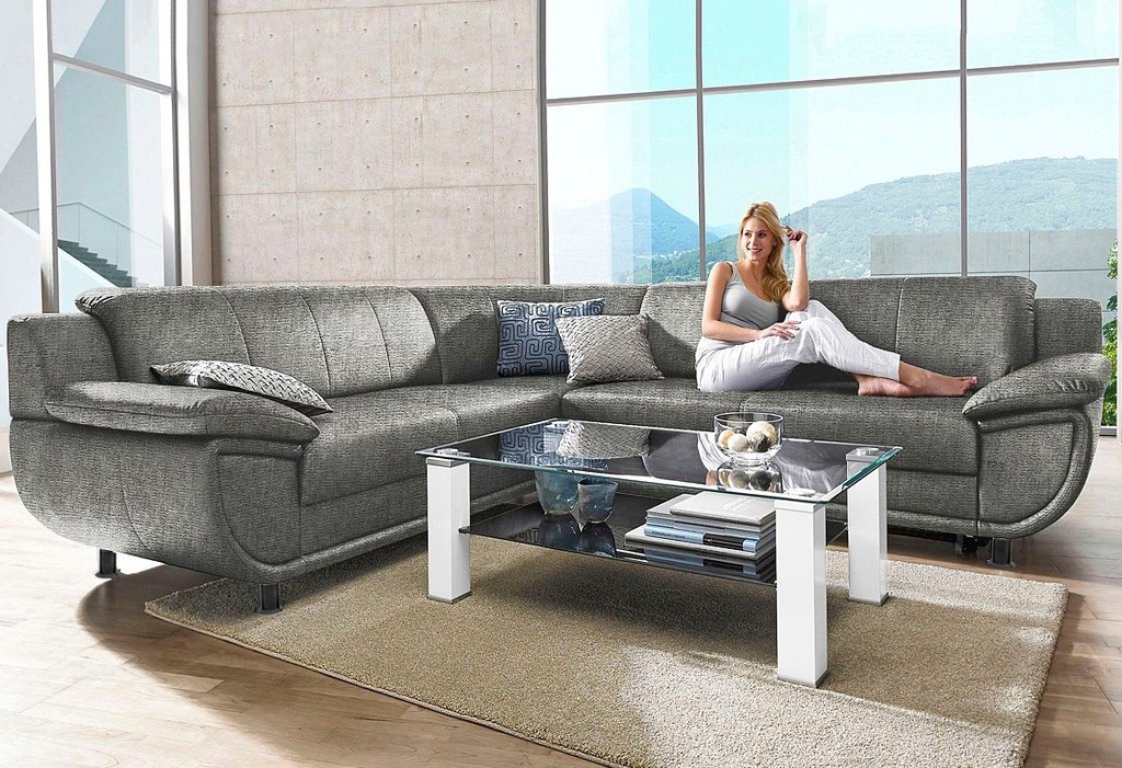 Bild von TRENDMANUFAKTUR Ecksofa "Rondo wahlweise mit Schlaffunktion, 267x247 cm (BxT), breite Armlehnen", L-Form, wahlweise mit Federkern bestellbar, Füße schwarz