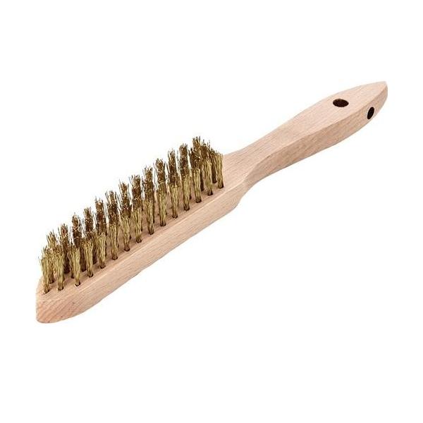 Bild von LESSMANN Bürste/Handbürste zur Entfernung von Rost, Schmutz und Farbe | 4 Reihig mit Griff aus Buchenholz | Borsten aus Messingdraht 0,35 mm dick, Gewellt