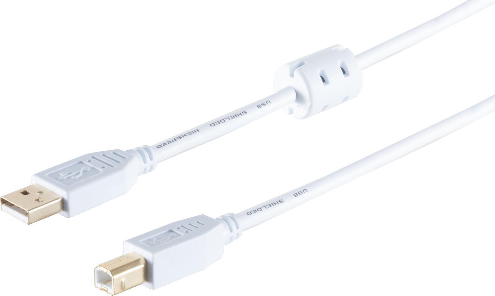 Bild von S/CONN maximum connectivity USB High Speed 2.0 Kabel mit Ferrit, A/B Stecker, vergoldete Kontakte, USB 2.0, weiß, 3,0m (77023-WF)