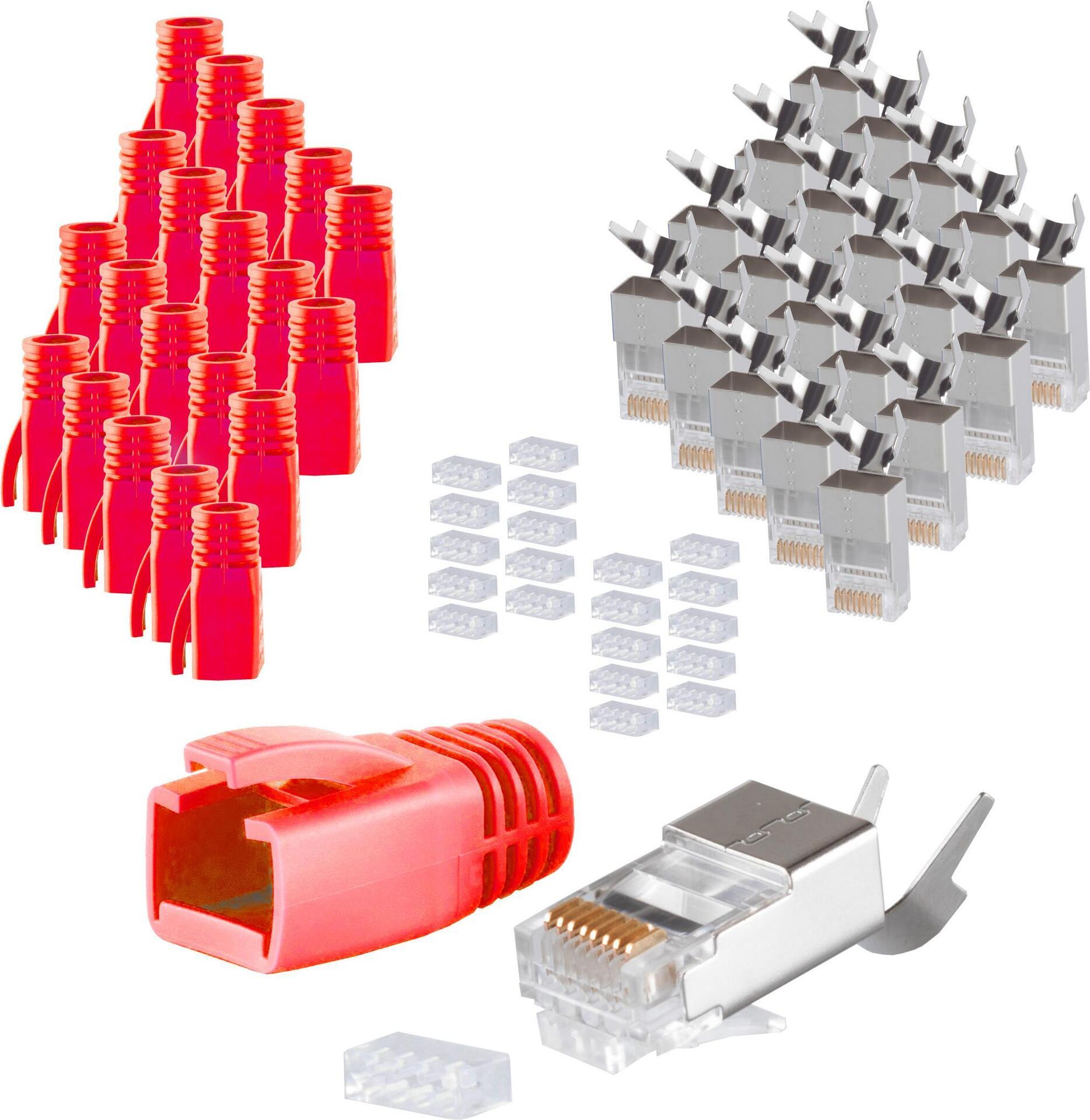 Bild von S/CONN maximum connectivity Netzwerk Modular Stecker RJ45 SET für Verlegekabel bis AWG 23, Stecker mit Zugentlastung, Einführhilfe und Tülle, rot VE 20 (72067-20R)