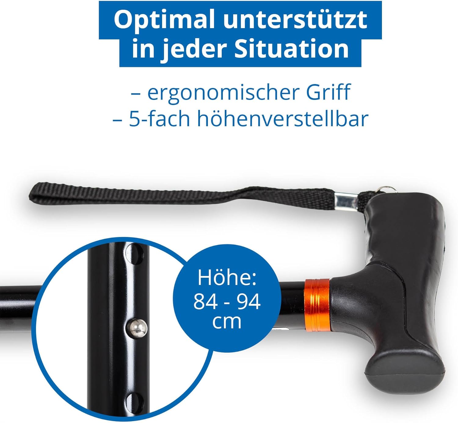 Bild von Weinberger Teleskop-Gehstock, Spazierstock, stabil, faltbar, höhenverstellbar, rutschfest, komfortabel, nur 420 Gramm, max. 136 Kg, Reise-Gehstock, 48748, Schwarz