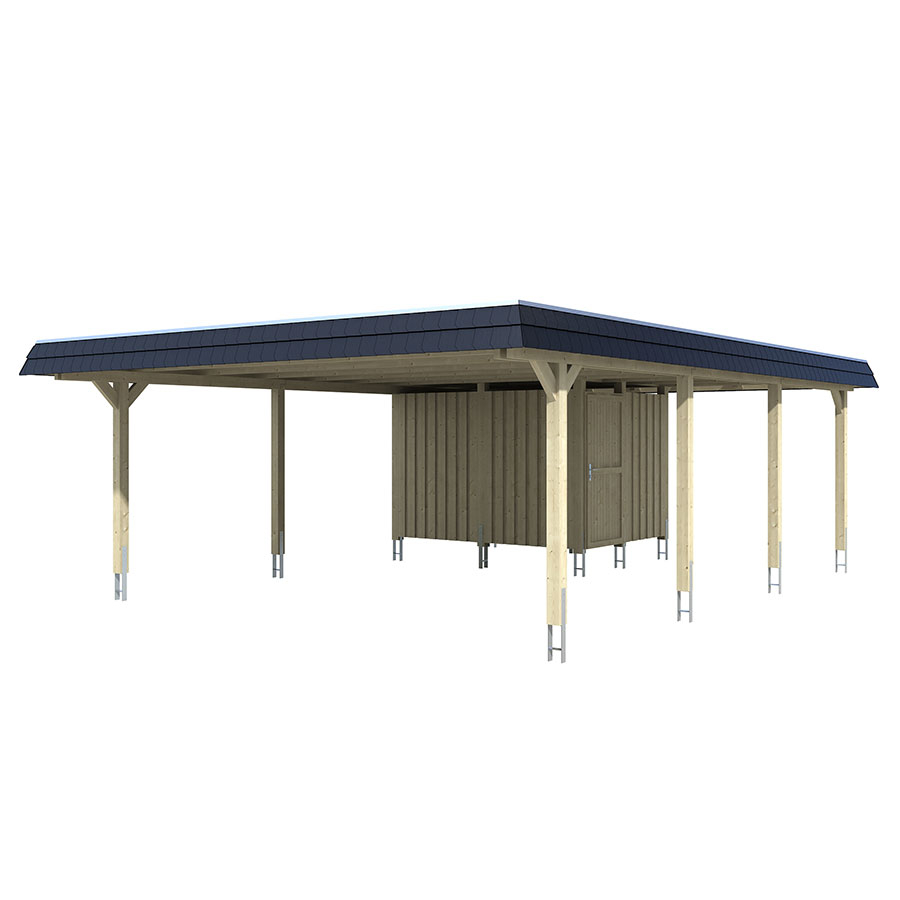 Bild von Skan Holz Doppelcarport Wendland mit Schuppen Nussbaum Unterstand, Aluminium-Dachplatten, schwarze Dachblende