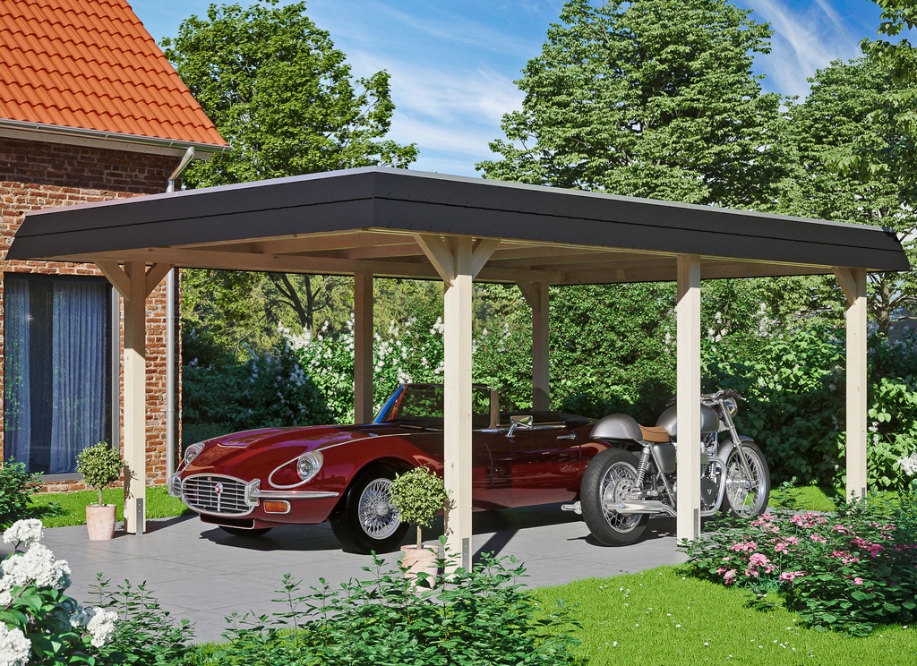 Bild von Skan Holz Einzelcarport Wendland Naturbelassen Unterstand, EPDM-Folie, 409x628 cm,schwarze Dachblende