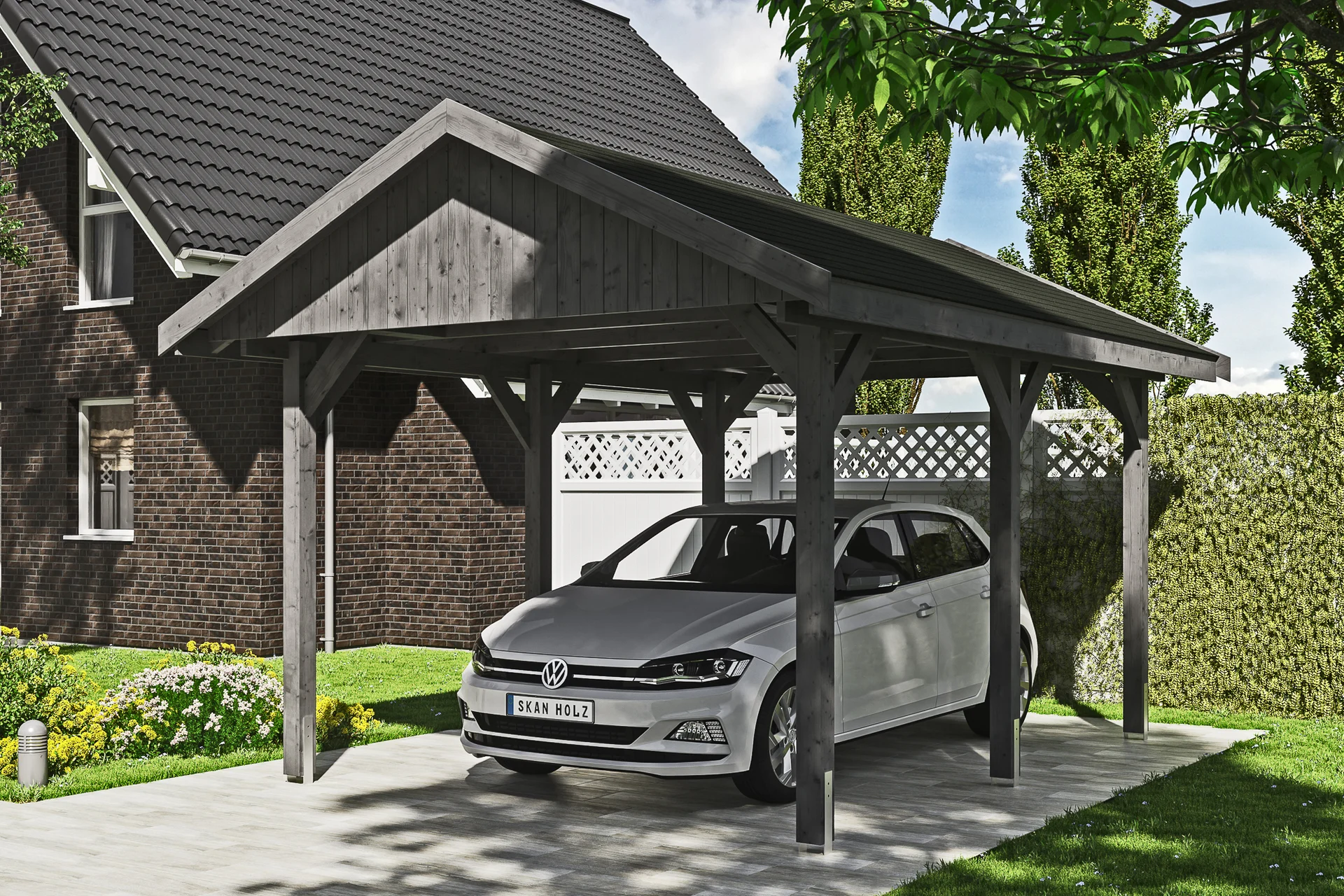 Bild von Skanholz Einzelcarport Wallgau, BxT: 380x500 cm, 215 cm Einfahrtshöhe, mit schwarzen Dachschindeln