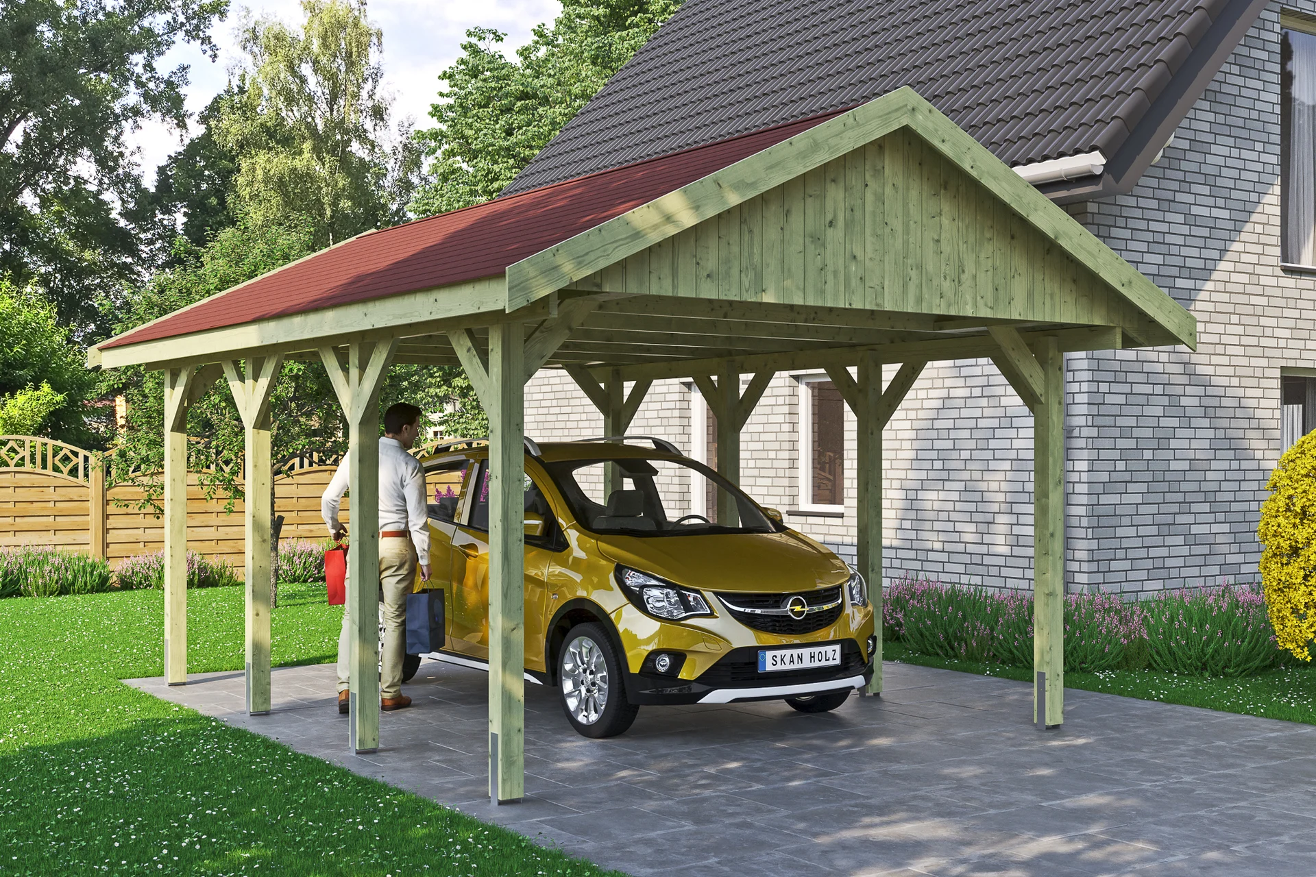 Bild von Skanholz Einzelcarport Wallgau, BxT: 430x600 cm, 215 cm Einfahrtshöhe, mit roten Dachschindeln