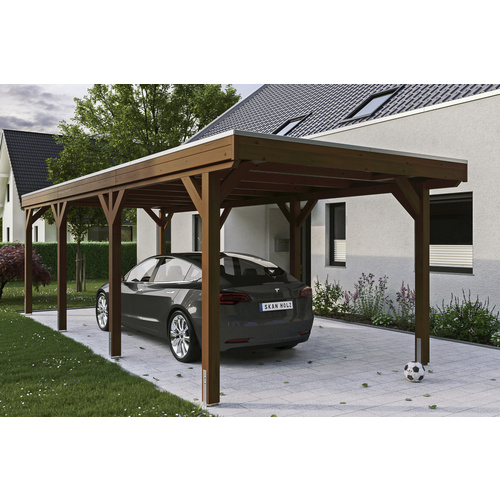 Bild von Skan Holz Grunewald - Flachdach Carport aus Leimholz Breite 321 cm Gr. 2 - 321 x 796 cm Nut- und Feder Dachschalung mit EPDM-Dachfolie nussbaum Holzcarport