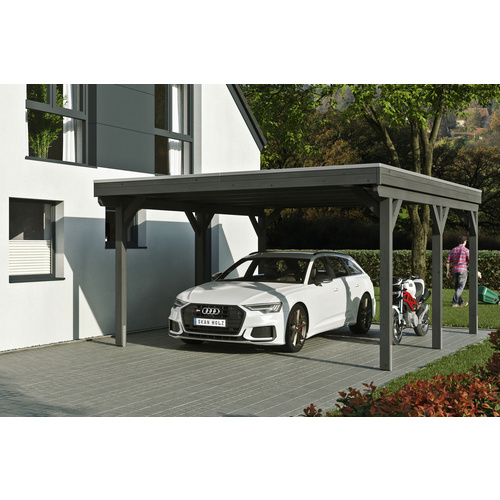 Bild von Skan Holz Grunewald - Flachdach Carport aus Leimholz Breite 427 cm Gr. 1 - 427 x 554 cm Aluminium Dachplatten mit Trapezprofil (unbehandelt) schiefergrau Holzcarport