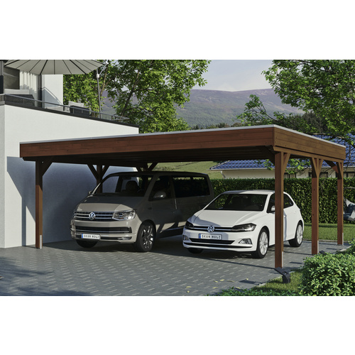 Bild von Skan Holz Grunewald - Flachdach Carport aus Leimholz Breite 622 cm Gr. 1 - 622 x 554 cm Aluminium Dachplatten mit Trapezprofil (unbehandelt) nussbaum Holzcarport