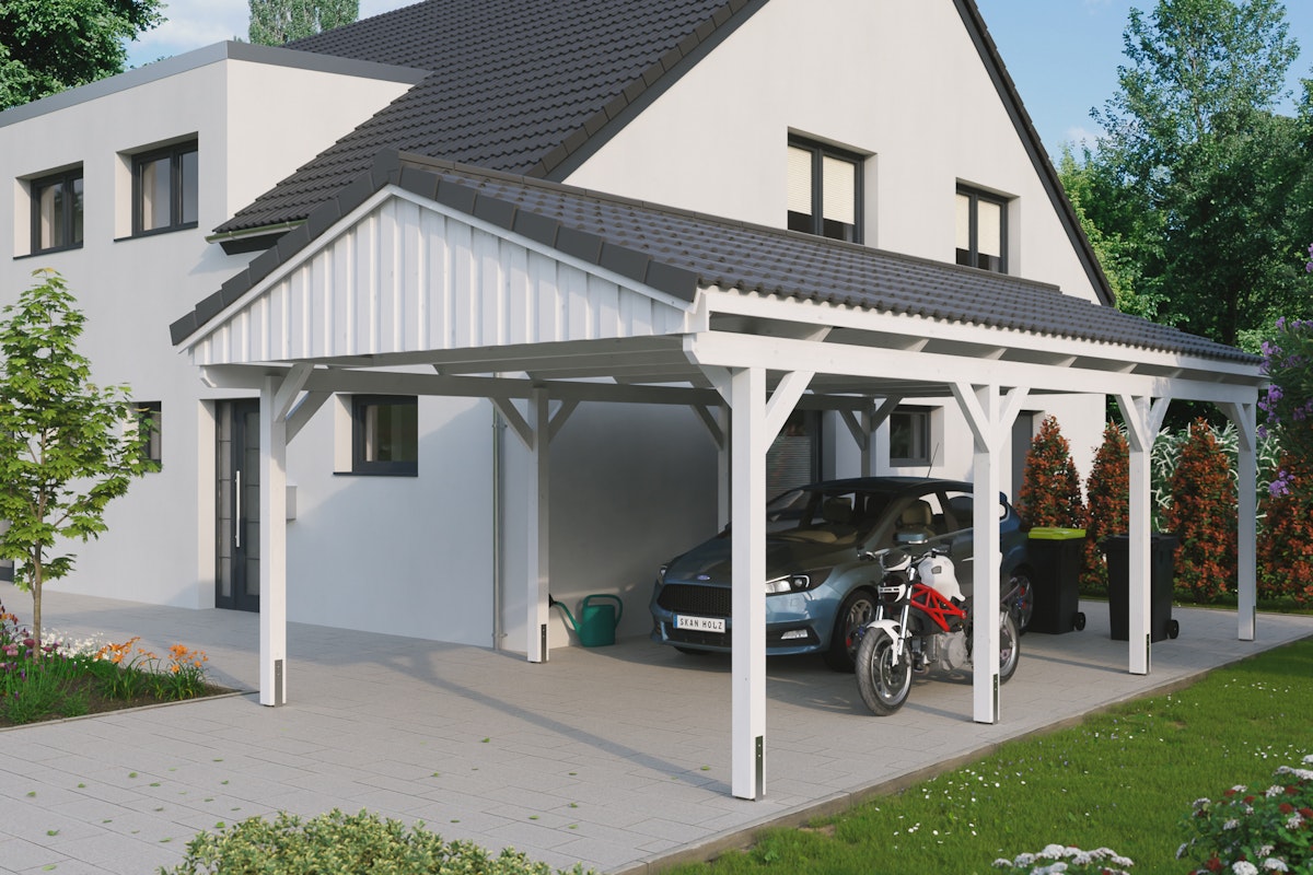 Bild von Skan Holz Fichtelberg - Satteldach Einzelcarport Breite 423 cm Gr. 2 - 423 x 808 cm Dachschalung mit Dachschindeln (schwarz) weiß Holzcarport
