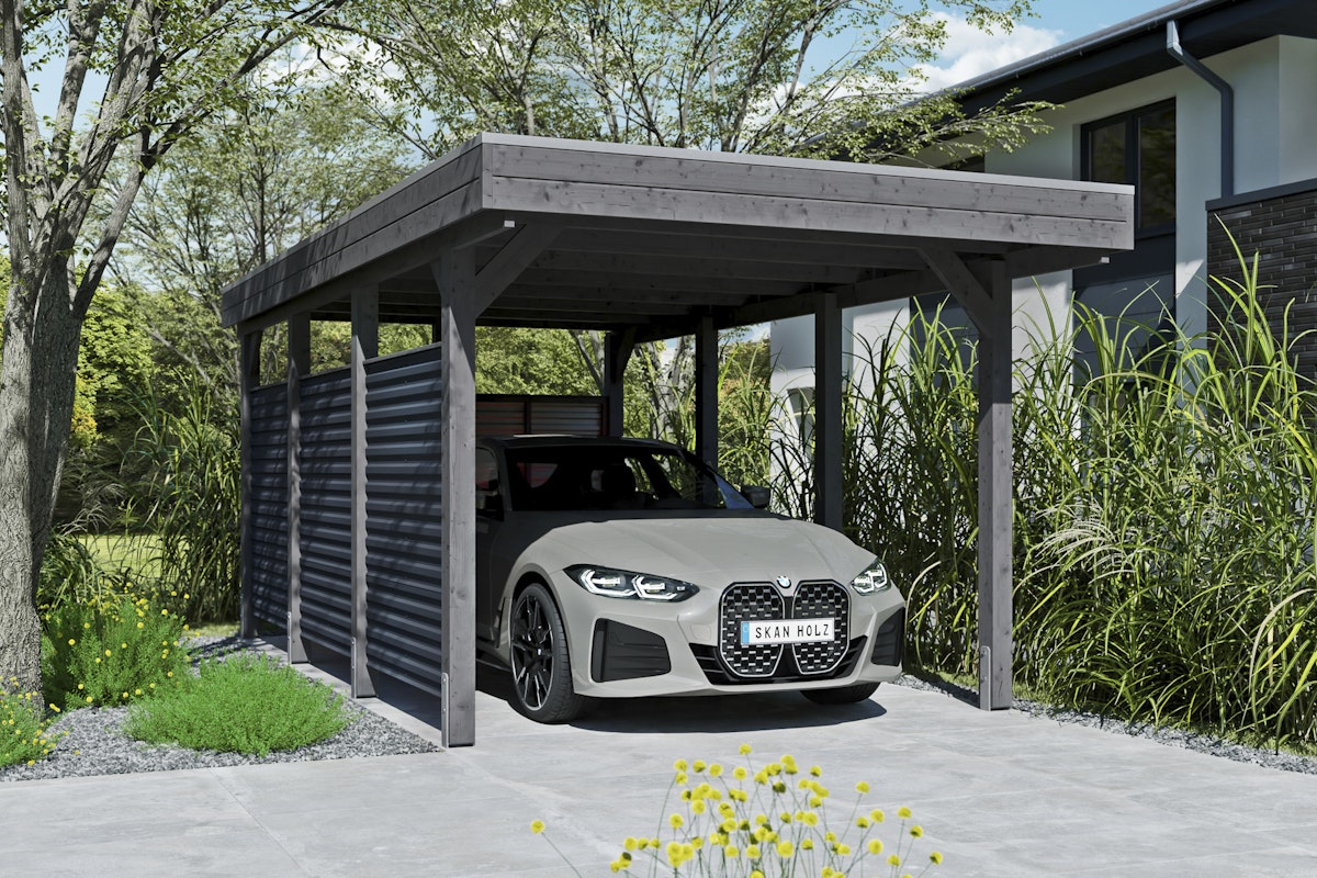 Bild von Skan Holz Carport Friesland Hybrid Set 11 314x555 cm inkl. Rück- und Seitenwände aus Aluminium Gr. 1 - B 314 x T 555 cm Aluminium Dachplatten mit Trapezprofil (unbehandelt) nussbaum