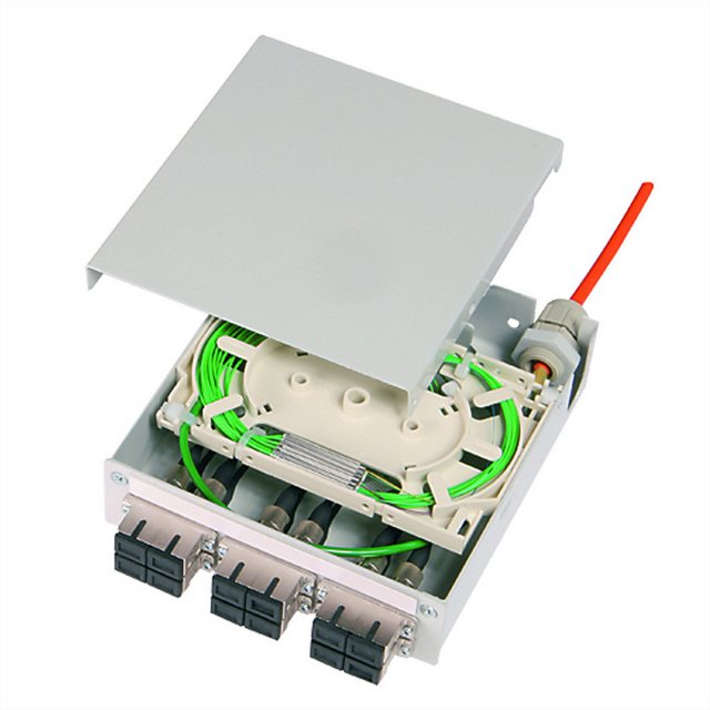 Bild von Telegärtner STX Tragschienen-Verteiler mit 6xLC Duplex, Multimode, Spleißkassette, Pigtails OM2, 12x G50/125 OM2, LC, eingefärbt und spleißfertig abgesetzt (H82050F0005)