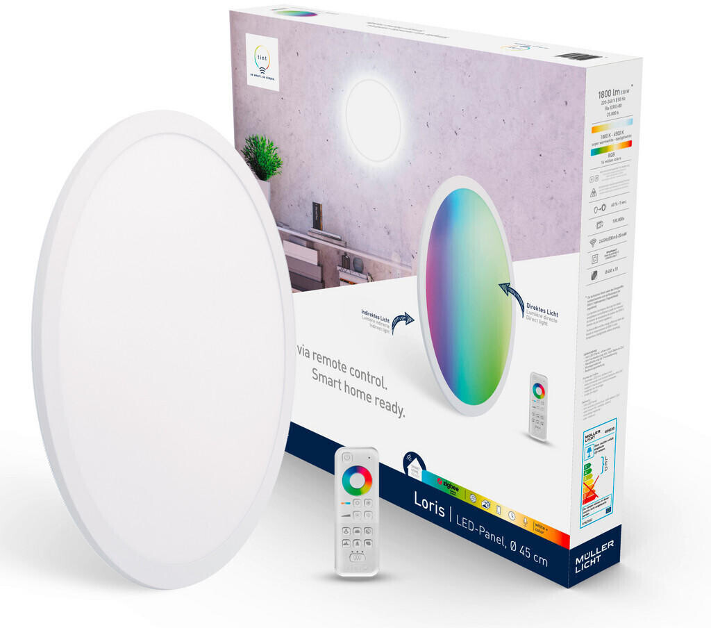Bild von tint Smarte LED-Deckenlampe LORIS – Mit weißem (1800-6500 K) und farbigem Licht RGB – Rundes Panel Ø 45 cm