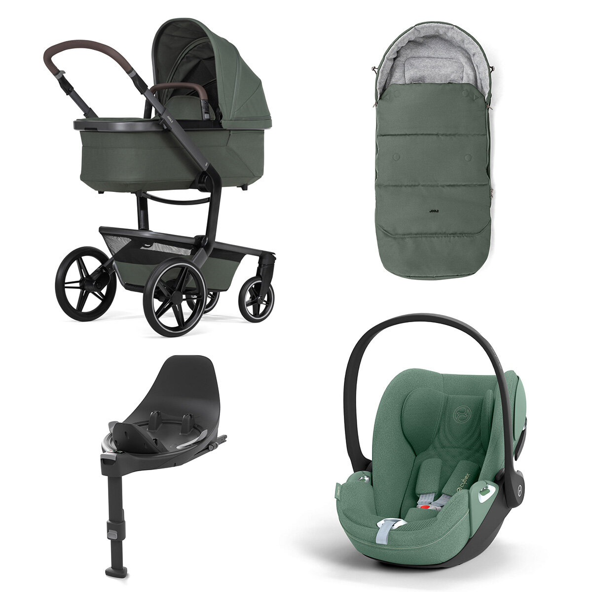 Bild von Joolz Day 5 Kinderwagen Set 4 in 1 inkl. Fußsack Forest Green, Cybex Base T und Cybex Cloud T i-Size Babyschale Plus Leaf Green