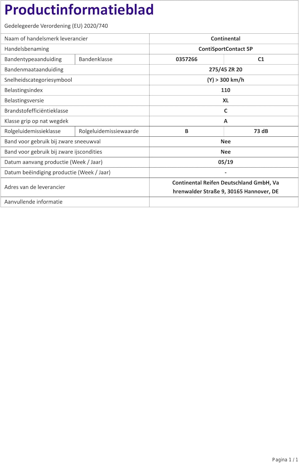 Bild von Continental ContiSportContact 5P ND - 315/30 ZR21 (105Y) XL - C/A/74 - Sommerreifen (PKW)