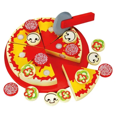 Bild von Bino & Mertens 83412 Schneide - Pizza, Spielzeug für Kinder ab 3 Jahre, Kinderspielzeug (Holzspielzeug inklusive 6 Pizzastücke, verschiedener Pizzabelag, Schneidebrett und Pizzaschneider, 31 teilig), Mehrfarbig