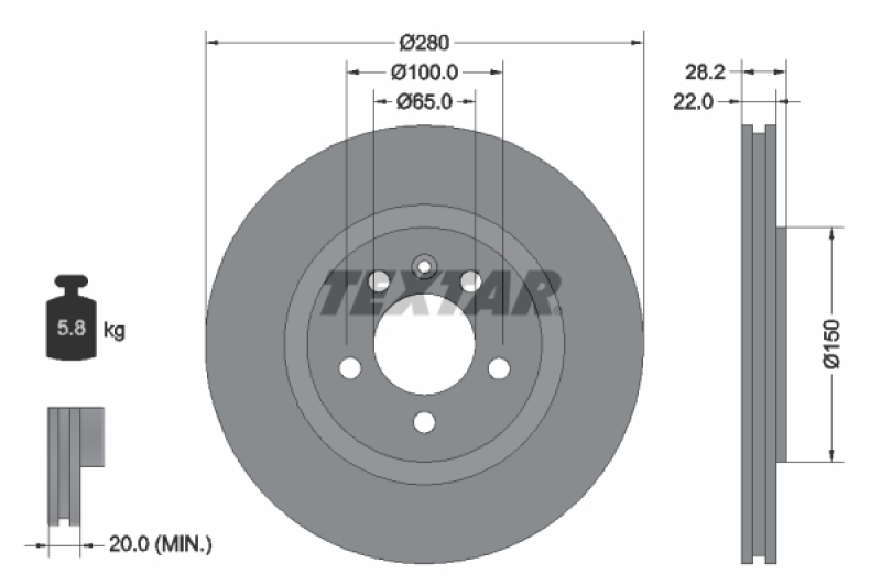 Bild von TEXTAR 92057100 Bremsscheibe Bremsscheiben, Scheibenbremsen 280 22 05/06 100 außenbelüftet VOLKSWAGEN: GOLF 3, Vento, GOLF 3 Variant