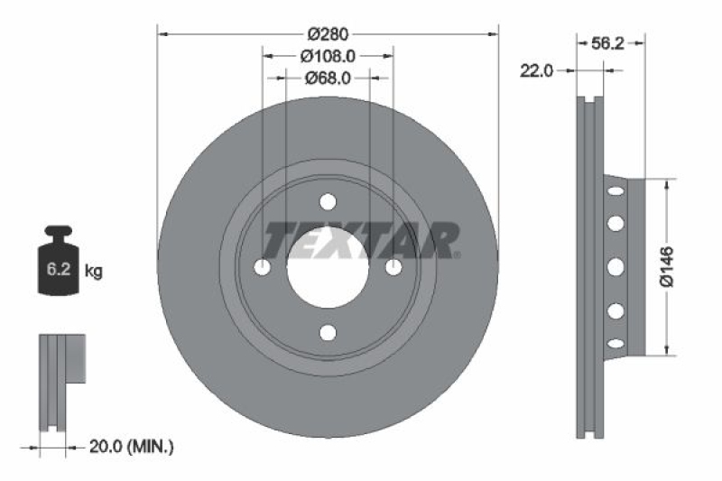 Bild von TEXTAR 92060600 Bremsscheibe Bremsscheiben, Scheibenbremsen 280 22 04/04 108 außenbelüftet AUDI: 80 B4 Avant, 80 B4 Saloon, Coupe B3