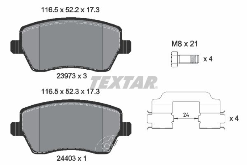 Bild von TEXTAR 2397302 Bremsbelagsatz Bremsbeläge, Bremsklötze, Bremssteine mit akustischer Verschleißwarnung mit Bremssattelschrauben mit Zubehör