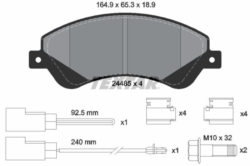 Bild von TEXTAR 2448501 Bremsbelagsatz Bremsbeläge, Bremsklötze, Bremssteine inkl. Verschleißwarnkontakt mit Bremssattelschrauben mit Zubehör