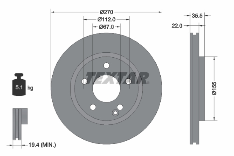 Bild von TEXTAR PRO 92124503 Bremsscheibe Bremsscheiben, Scheibenbremsen 270 22 05/06 112 innenbelüftet beschichtet MERCEDES-BENZ: Vaneo