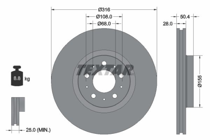 Bild von TEXTAR PRO 92126603 Bremsscheibe Bremsscheiben, Scheibenbremsen 316 28 05/10 108 außenbelüftet beschichtet VOLVO: XC90 I, S60 I