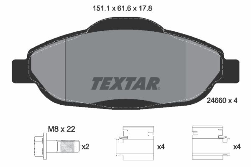 Bild von TEXTAR 2466001 Bremsbelagsatz Bremsbeläge, Bremsklötze, Bremssteine nicht für Verschleißwarnanzeiger vorbereitet mit Bremssattelschrauben mit Zubehör