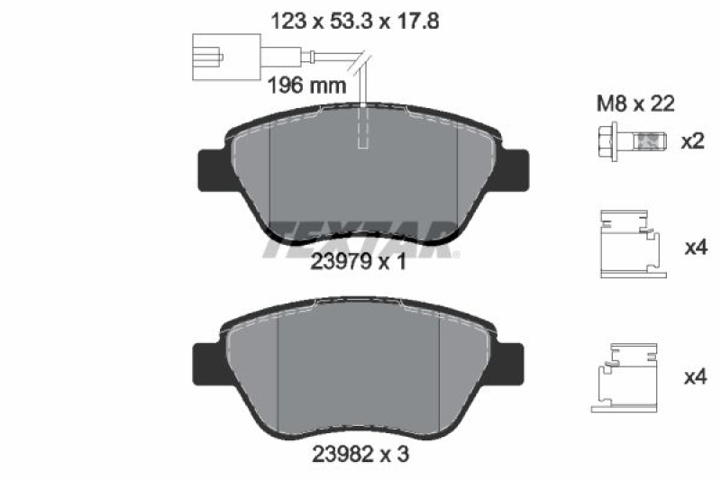 Bild von TEXTAR 2397903 Bremsbelagsatz Bremsbeläge, Bremsklötze, Bremssteine mit integriertem Verschleißwarnkontakt mit Bremssattelschrauben mit Zubehör