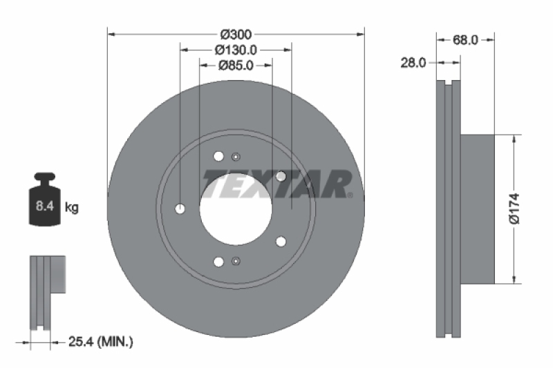 Bild von TEXTAR PRO 92203003 Bremsscheibe Bremsscheiben, Scheibenbremsen 300 28 05/07 130 innenbelüftet beschichtet SSANGYONG: RODIUS 2
