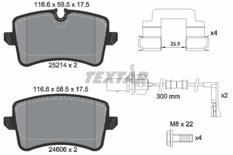 Bild von TEXTAR 2521401 Bremsbelagsatz Bremsbeläge, Bremsklötze, Bremssteine inkl. Verschleißwarnkontakt mit Bremssattelschrauben mit Zubehör AUDI: A8 D4
