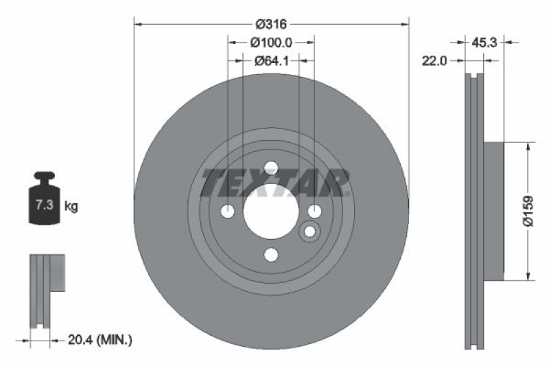 Bild von TEXTAR Bremsscheibe MINI: Schrägheck, Cabrio, Clubman PRO 22mm 04/05 100mm innenbelüftet beschichtet 92255003 34106784366,34116855781,6784366,6855781