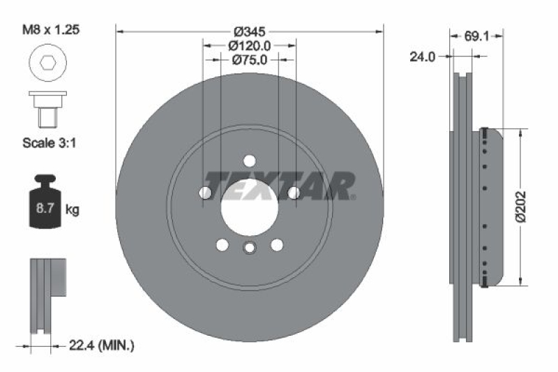 Bild von TEXTAR PRO+ 92253925 Bremsscheibe Bremsscheiben, Scheibenbremsen 345 24 05/06 120 innenbelüftet, zweiteilige Bremsscheibe beschichtet hochgekohlt